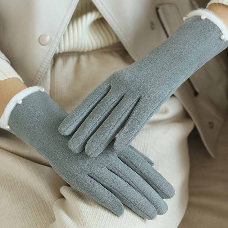 Winter Women Keep Warm Fashion Elegant Plush Wrist Cuff Pearl Gloves Luxury Fleece Soft Cycling Drive Touch Screen