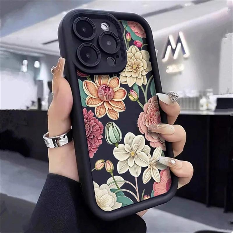 Floral Summer Thickened Anti-Fall Phone Case for iPhone16E 14 15 11 12 13 16 Pro Max 7 Plus XS XR bump Solid Silicone Back Cover