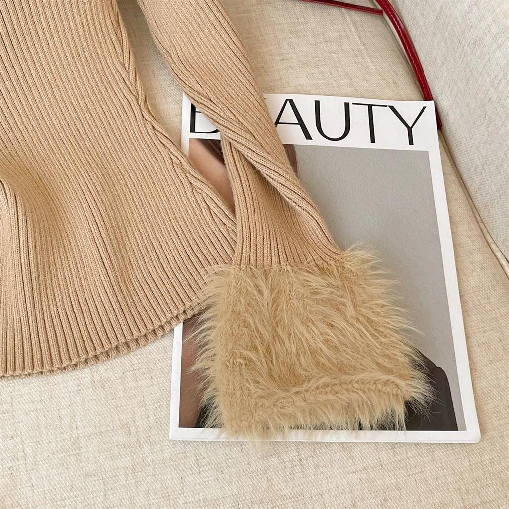 Шикарный французский женский свитер-топ на одно плечо с расклешенными рукавами - Облегающий пушистый базовый слой для осени/зимы.