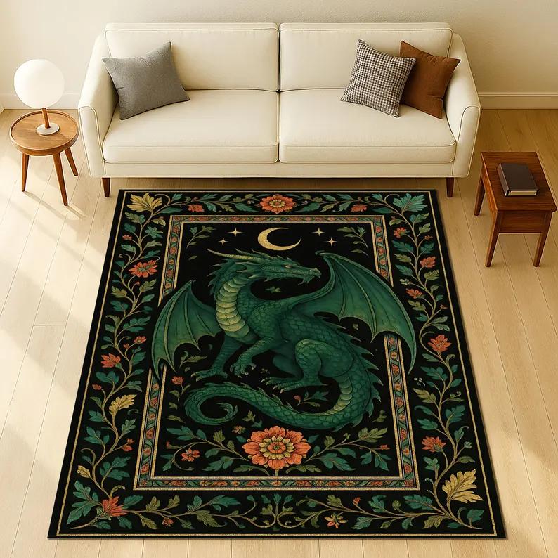 Mythical Dragon Design Carpet Folk Art Style Floor Rug For Aesthetic Home Decor Living Room Bedroom Coffee Table Mat