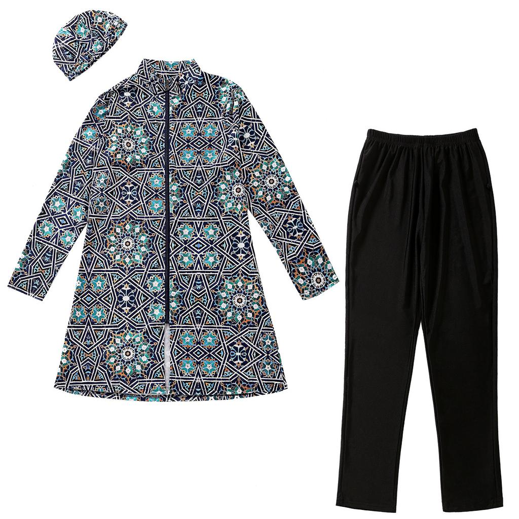 3XL-8XL Women Muslim Muslimah Swimwear Full Coverage Flower Patterned Zippered Women Swimming Suit Comfortable Highly Elastic 3 Pieces Beachwear