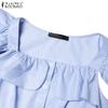 ZANZEA Summer Women Flare Sleeve Buttons Striped Casual Holiday Pleated Dress