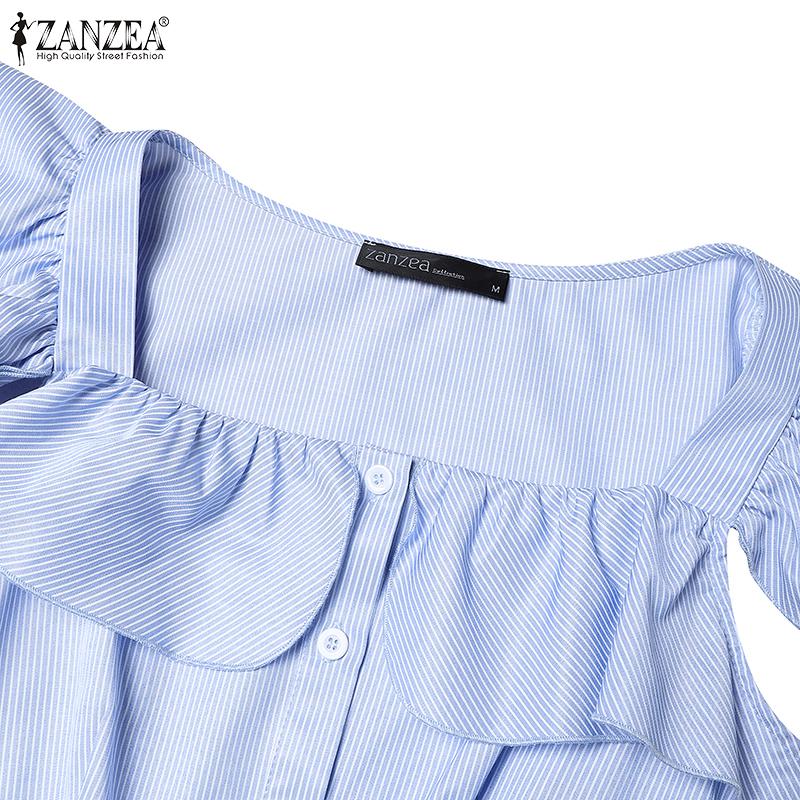 ZANZEA Summer Women Flare Sleeve Buttons Striped Casual Holiday Pleated Dress