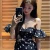 French retro one-word shoulder polka dot dress women's summer spice girl temperament waist slim and thin hip-wrapped long skirt