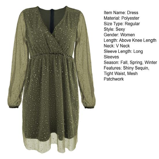 Women Spring Fall Dress Deep V Neck Long Mesh Sleeve Shiny Sequin Lantern Sleeve Double-layered Tight Waist Prom Cocktail Party Mini Dress