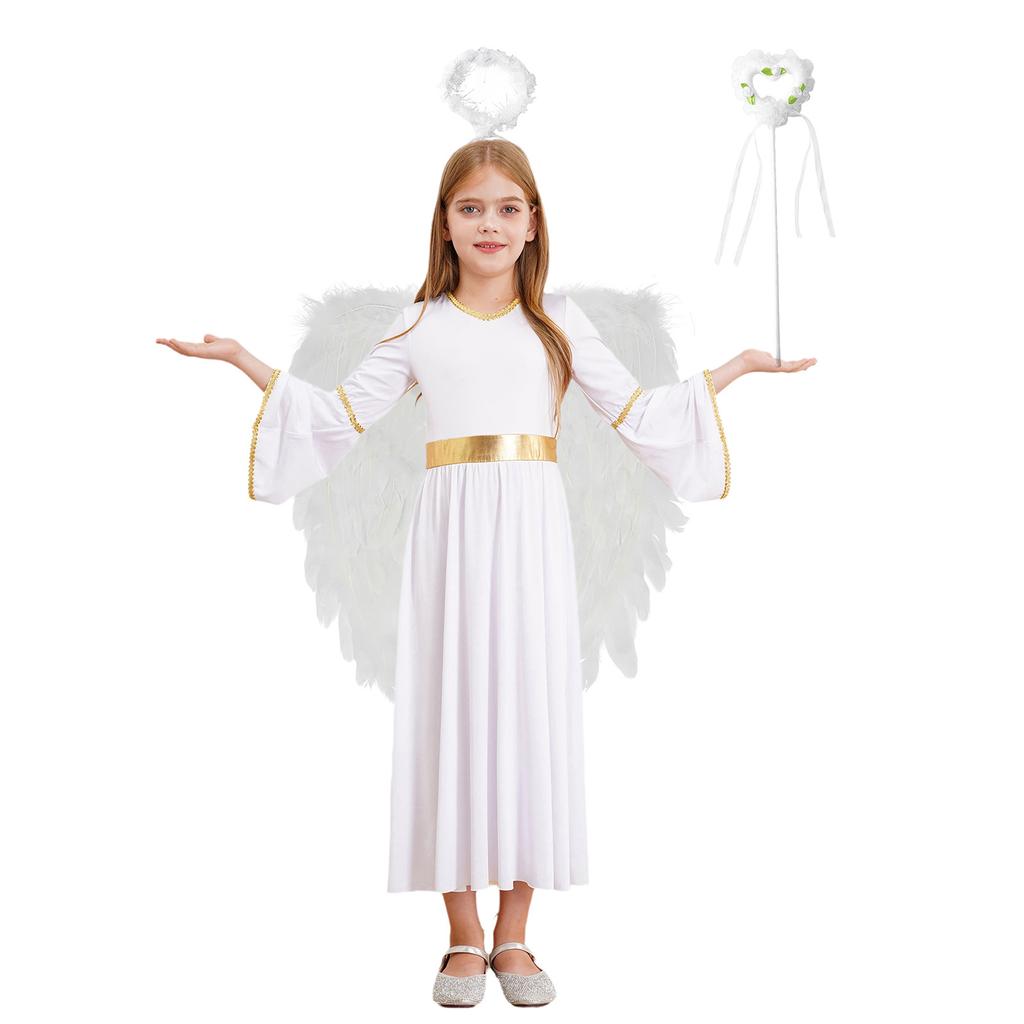 Girls Halloween Party Costume 4Pcs Angel Set with Dress Wings Headband & Wand Cosplay Performance Outfit