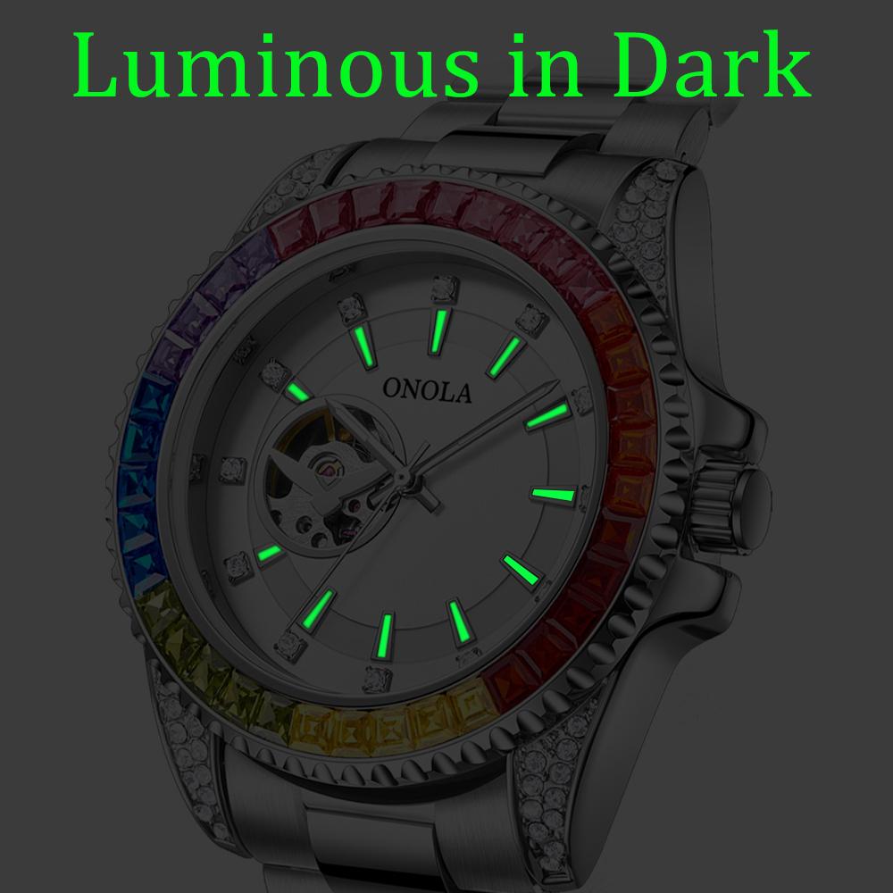 Fashion Mens Watches Color Diamond Waterproof Hollow Flywheel Stainless Steel Automatic Mechanical Watch For Men