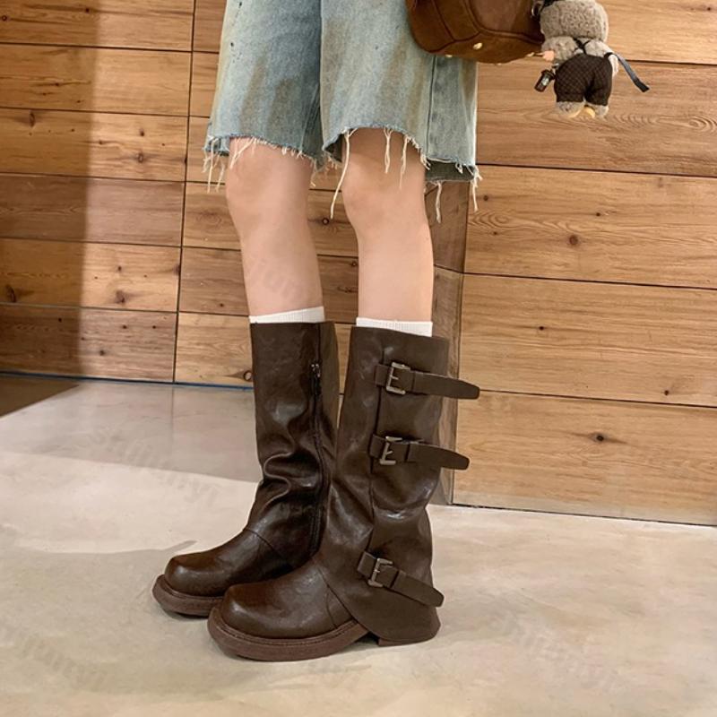 Модные женские рыцарские сапоги 2025 Осень Зима Новые модные сапоги до середины икры с ремешком и пряжкой Винтажные Удобные Нескользящие Туфли на высокой подошве