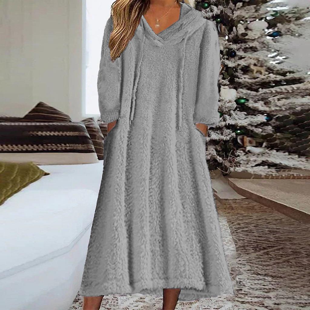 Women's Casual Round Neck Long Sleeved Pullover Loose Wool Hooded Long Sleeved Dress