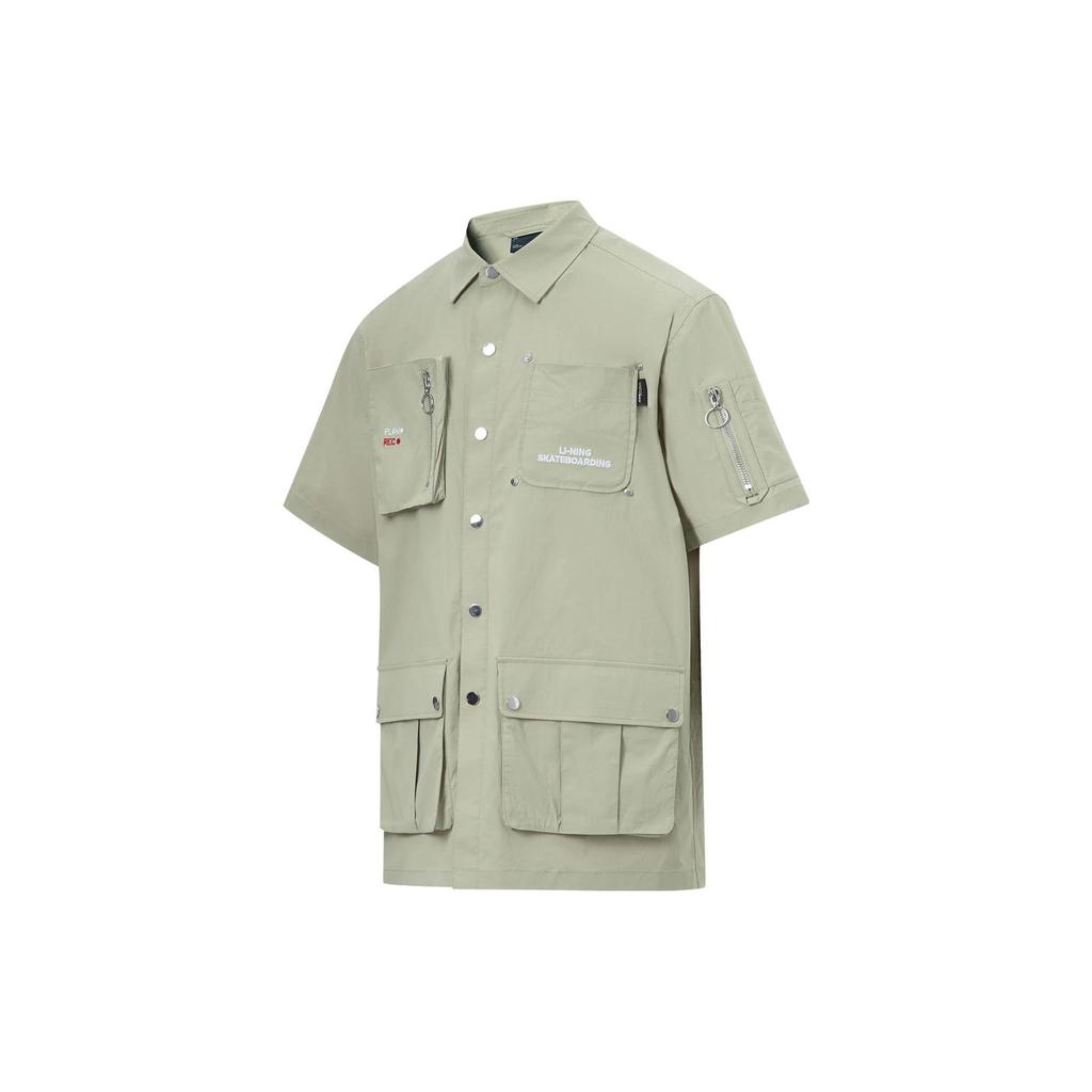 Li-Ning Letter Print Loose Casual Single-Breasted Short Sleeve Shirt Men Shirts Yew-Green AFDT157-3