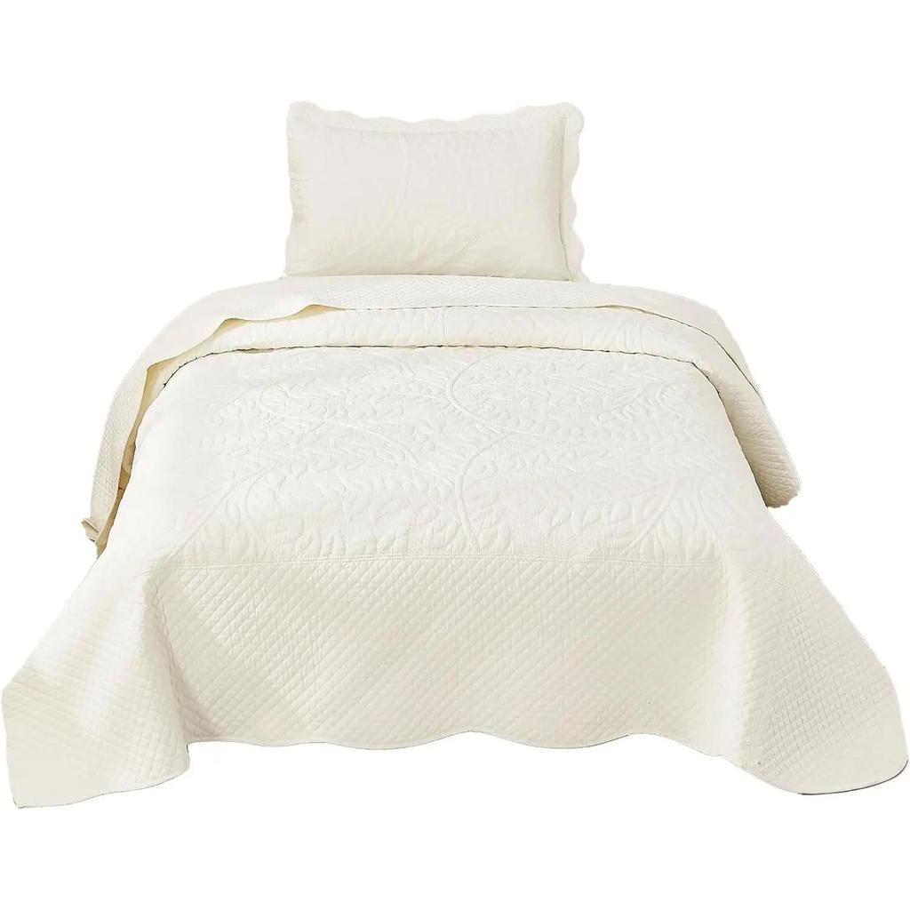 1-Piece 100% Cotton Twin Quilt Set Embroidered Quilted Bedding Bedspread Natural Beige Freight Free Nap Blanket Plaid