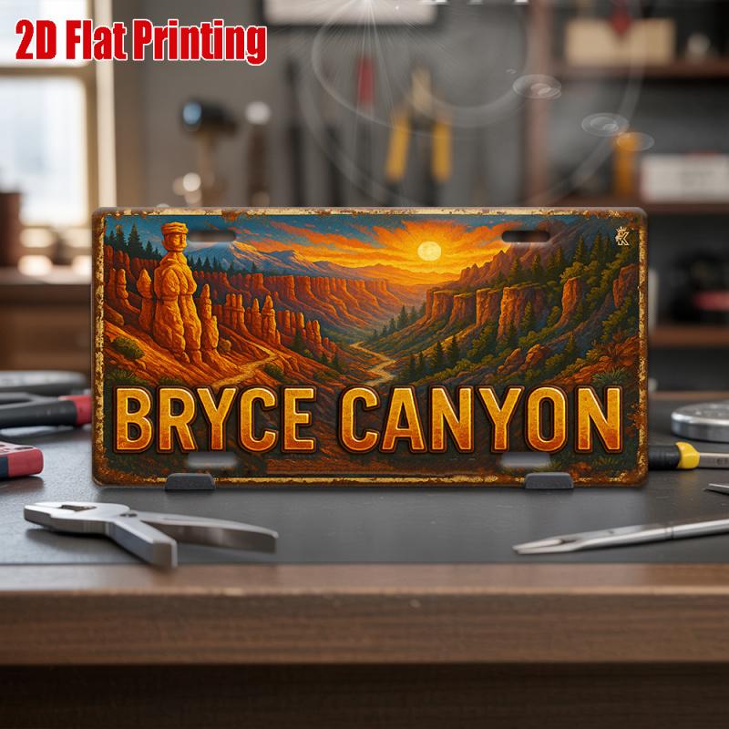 HD Aluminum Print Vintage Bryce Canyon National Park Sunset Hoodoo Landscape License Plate Style Wall Art High Definition Bend