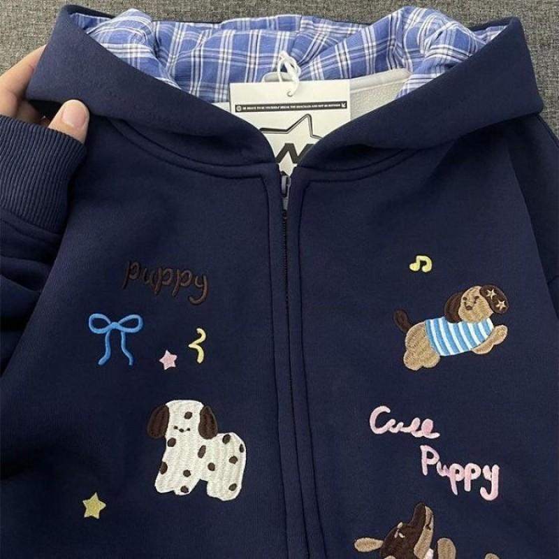 Womens Cotton Hooded Sweatshirt Embroidered Plaid Detail Zip-Up Loose Fit Casual Winter Wear