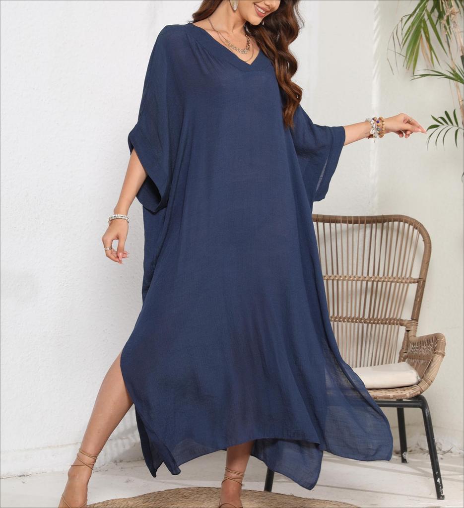 Плюс размер Женское Летнее Повседневное Праздничное Пляжное Платье Купальники Сплошной Свободный Пляжная Одежда Женский V-образный Вырез Половина Рукава Платье
