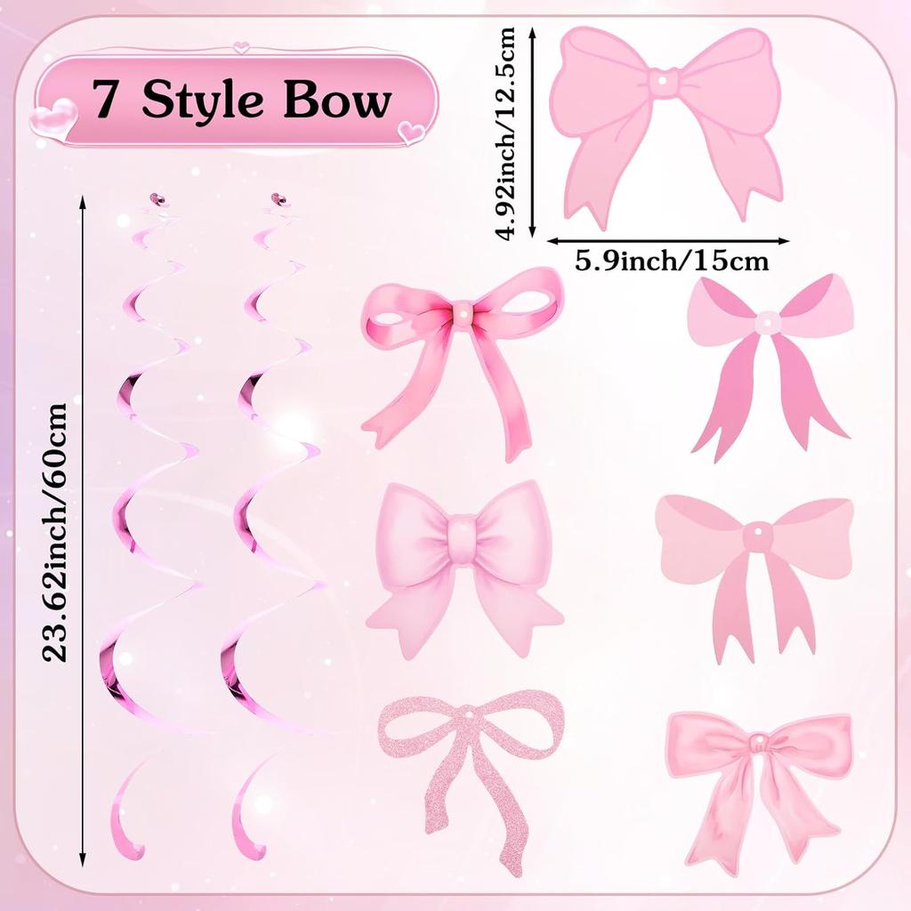 20 Pcs Pink Bow Party Hanging Swirls Decorations Pink Girl Theme Bow Garland Birthday Party Decoration Banner for Baby Shower Bridal Shower