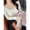 Lace-Trim Patchwork Knit Sweater: Women's Slim-Fit Low Collar Top for Autumn & Winter.