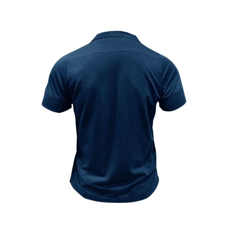 Men Black Stand Collar Henley Neck Short Sleeve T Shirt With Chest Pocket Casual Summer