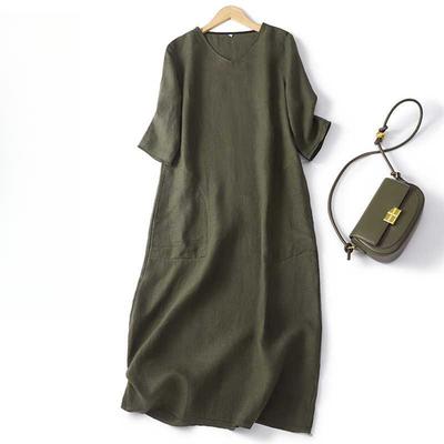 Винтажное чистое цветное платье темперамент с V-образным вырезом, свободный простой дизайн, прямая юбка для женщин