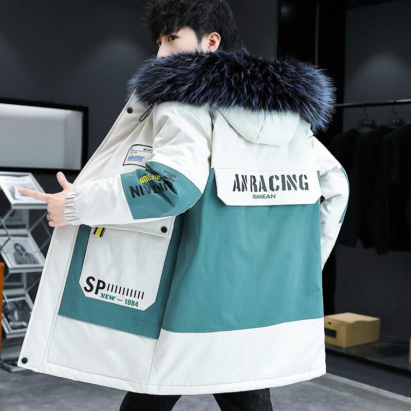 Winter Fleece Men's Parka Patchwork Hooded Waterproof Coat Men's Fashion Big Pockets Big Fur Collar Streetwear