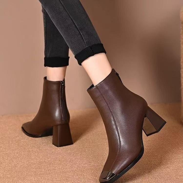 Square head British Martin boots women's versatile autumn and winter French retro high-heeled short boots thick heel new French retro