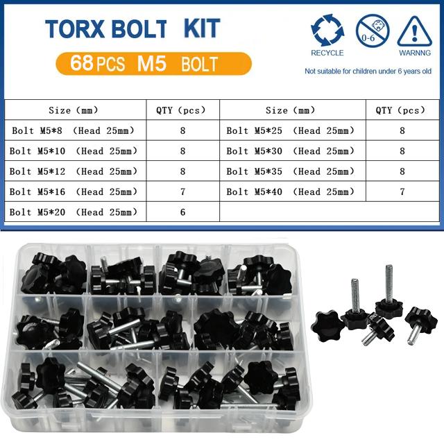 Hand Knob Screws Bolt kit M5 M6 M8 Plum Handle Six-star Glue Star Shape Head Thread Clamping Thumb Handle Machine Bolts Nut