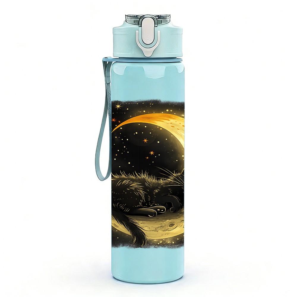 1PC Dark Moon Star Night Sky Print 750ml Color Plastic Sports Water Bottle Leakproof Flip Straw Lid Suitable for Sports Office Home Use