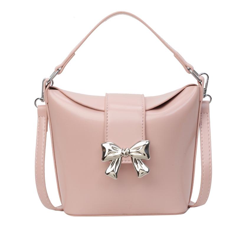 New Bow Metal Buckle Handbags Women's Fashion Sweet Girl Single Shoulder Crossbody Bags Elegant Red Bucket Bag
