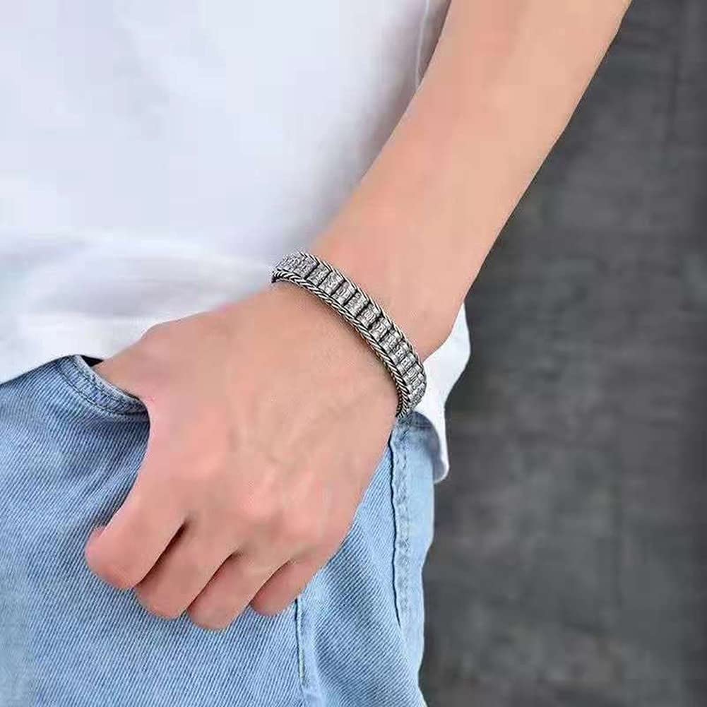 Rockyu Silver Mantra Roller Bracelet with Chinese and Heart Sutra Protection from Good and Fashion Accessory Men's Hui-mo (Curve) Design, Six-Syllable