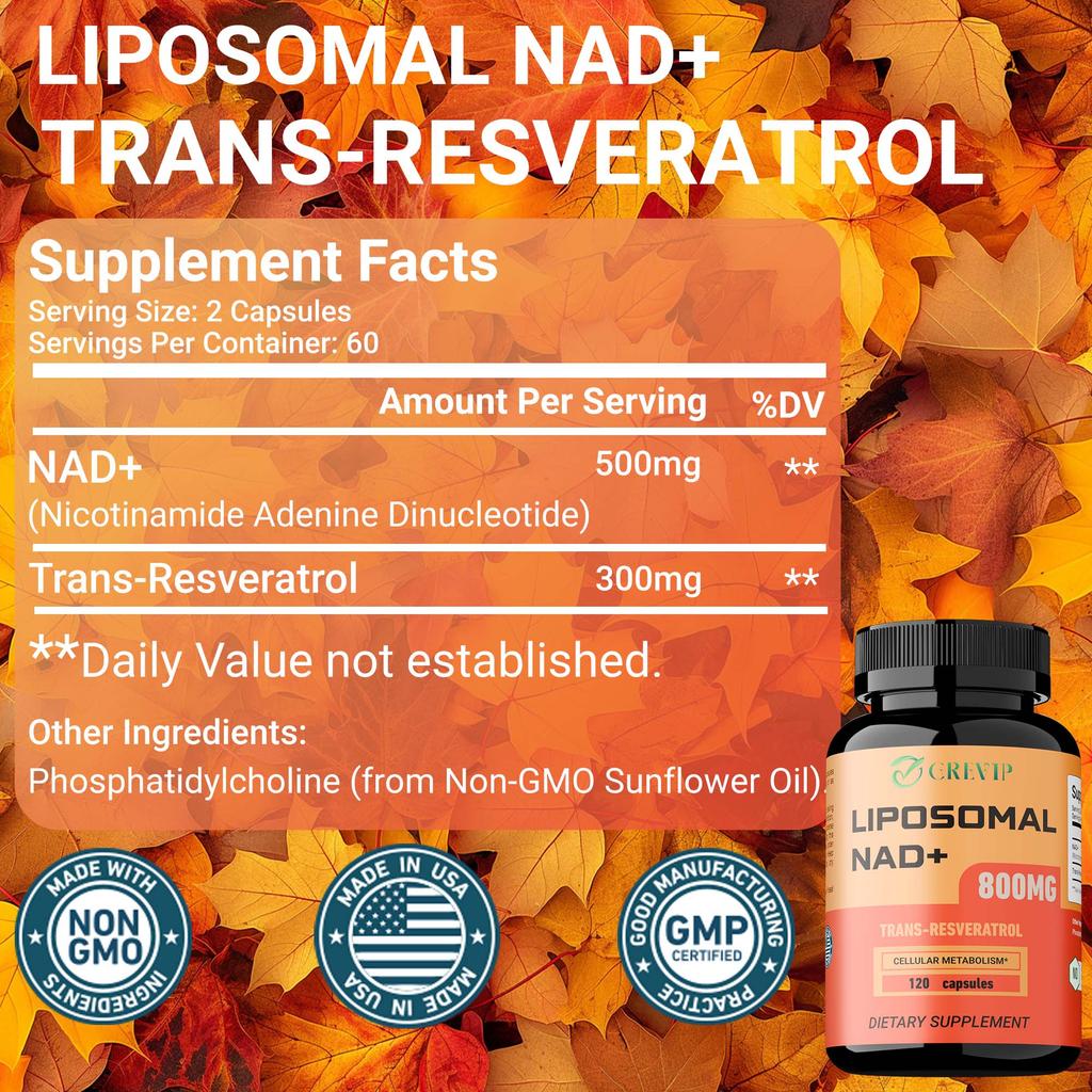 Liposomal NAD+ 800 mg Supplement Capsules with Trans-Resveratrol - Promotes Healthy Aging, Cellular Energy, DNA Repair