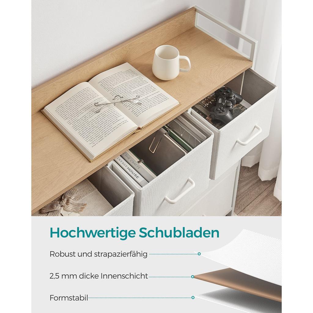 SONGMICS LTS523W57 Chest of Drawers, Closet, Storage Unit, 7 Drawers in Fabric with Handles, Metal Frame, Modern Style, White and Wood Colour