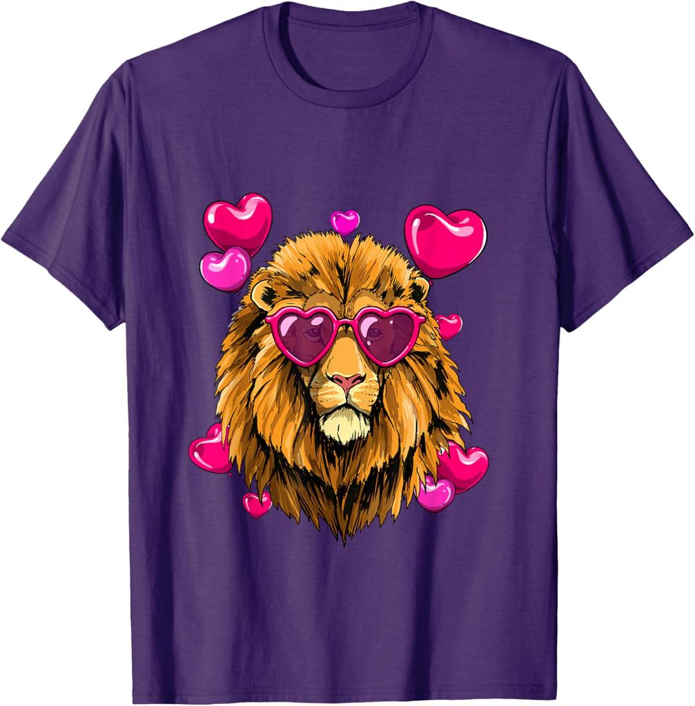 Lion Wearing Heart Sunglasses Valentines Day Graphic Tee Men Casual Short Sleeve T-Shirt