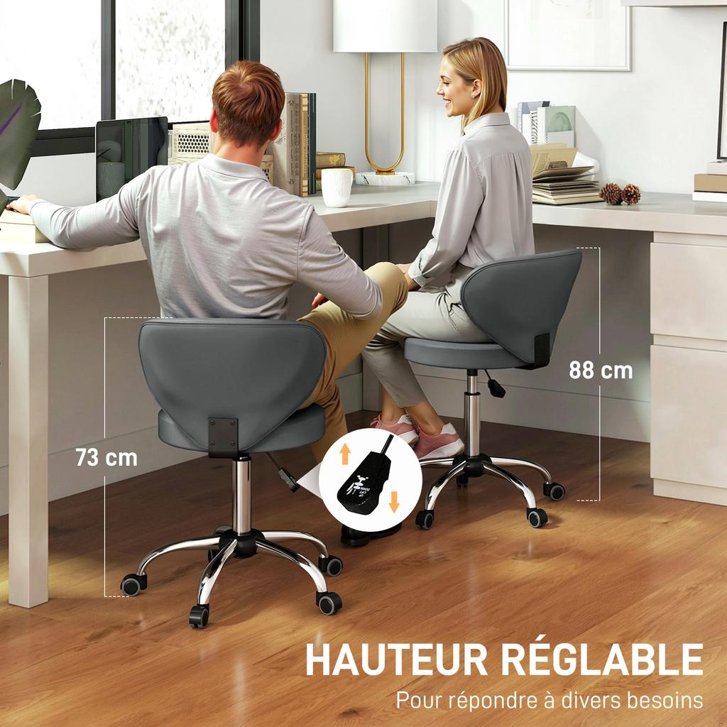 Stool on Casters, PU Massage Stool with Adjustable Height 73-88 cm and Backrest, 360 degrees Swivel, Grey