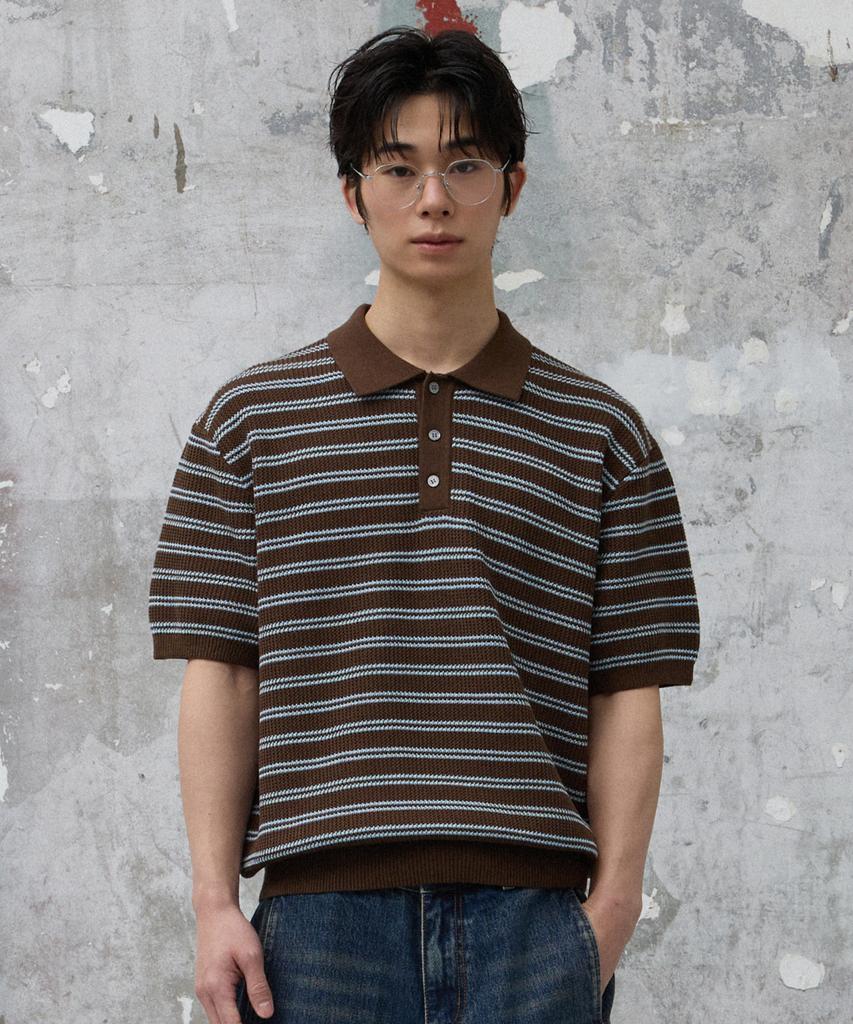 AGOD Collar Button Stripe Half Knit [Brown]
