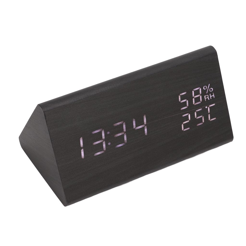 Digital Alarm Clock Regulable Brightness Temperature Humidity Display Black Wood White Light LED Des