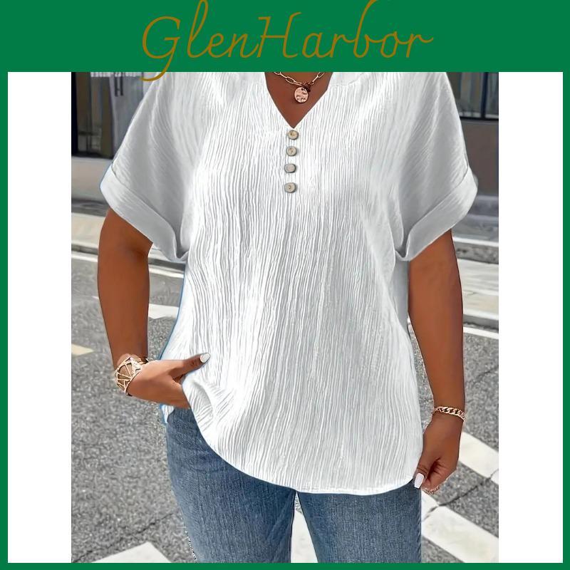 Simple V Neck Casual Summer Blouse Large Size Short Sleeve Fashion Elegant Buttons Shirts Ladies Solid Color Office Tops Elegant Sweet Clothing
