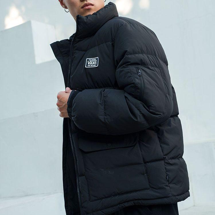 Vans FW22 Однотонный Свободный пуховик с принтом логотипа на молнии и воротником-стойкой, унисекс, верхняя одежда, черный цвет VN000913BLK
