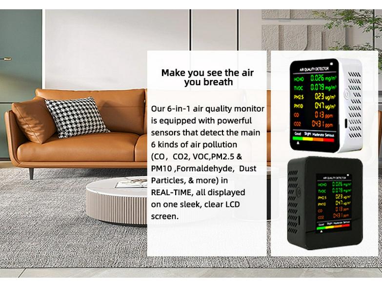 6-in-1 Air Quality Monitor: Formaldehyde, PM2.5, CO2, and TVOC Detection