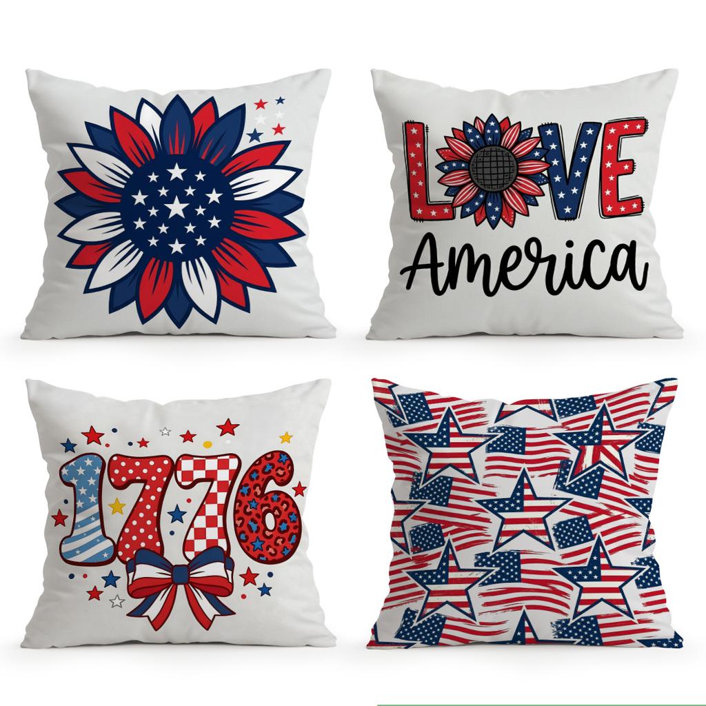 4Pcs Red White Blue Independence Day Print Single-Sided Cushion Cover For Living Room Bedroom Car Home Decor