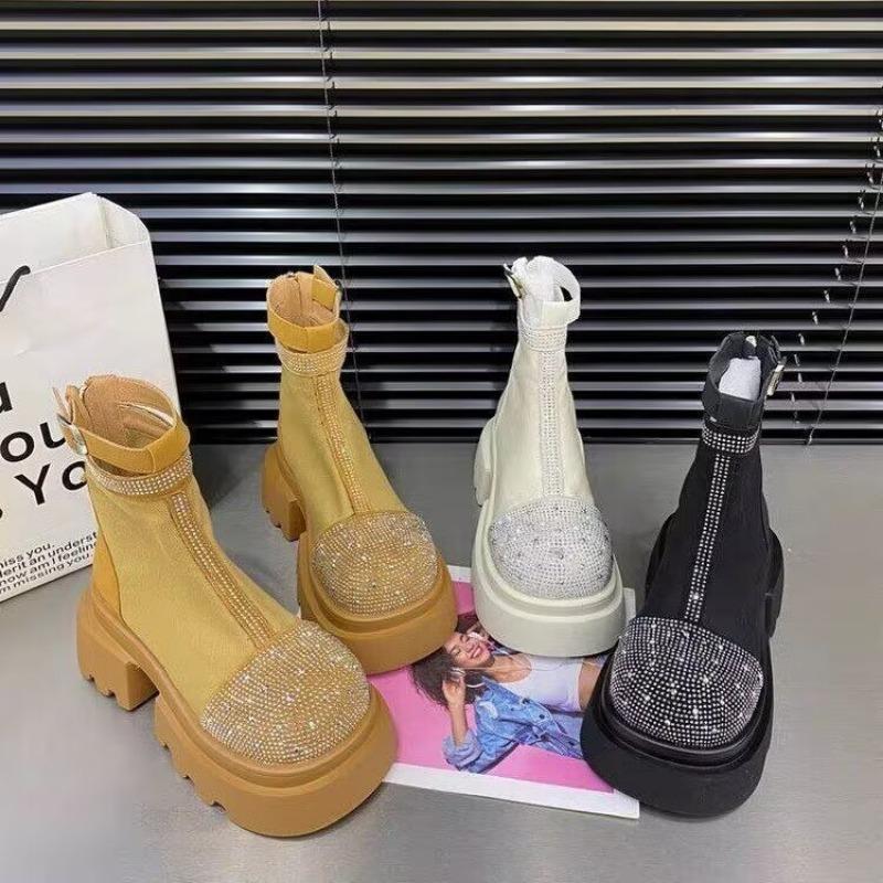 Fashion Outdoors Women's Ankle Boots Side Zipper 2024 High Quality Rhinestone Decoration Square Heel Fashion Boots Zapatos Para Mujeres
