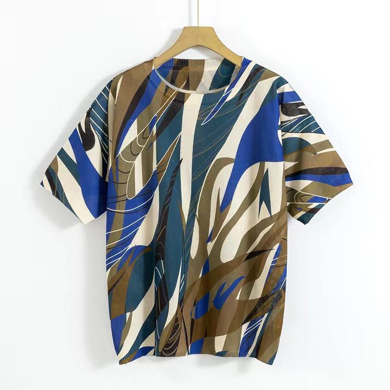 Вязаные топы с короткими рукавами Весенние трикотажные пуловеры с цветочным принтом Женская повседневная футболка с круглым вырезом