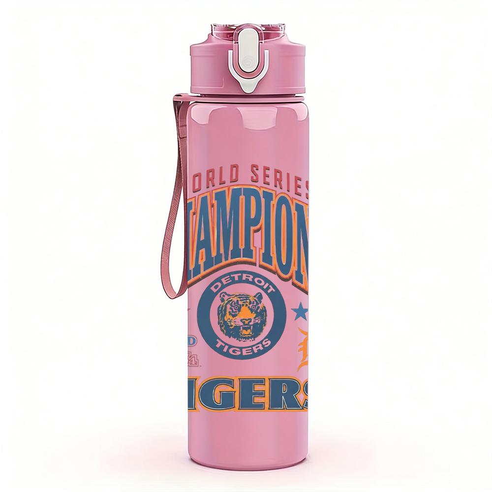 1PC Champions tigers orange text print 750ml colorful plastic sports water bottle leakproof pop up lid with straw for outdoor work home use