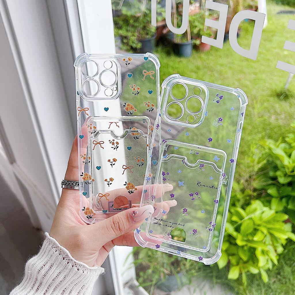 Card Slot Holder Silicone Wallet Pocket Case For Oppo A78 A58 A38 Samsung A54 A24 A14 Xiaomi Redmi Note 13 14 Tecno Spark 10 Cover Clear Phone Bumper