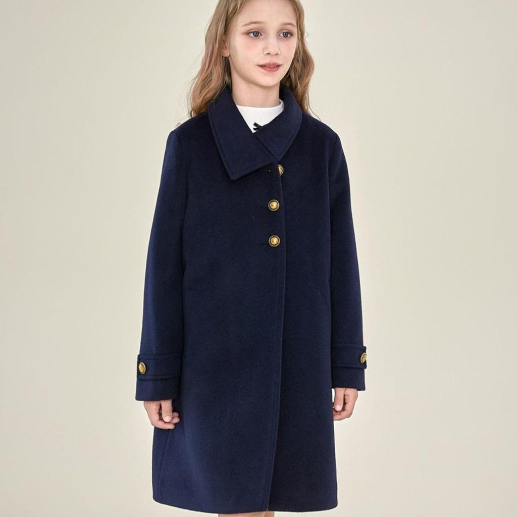 Модное шерстяное пальто для девочек темно-синего цвета, свободное шерстяное пальто с хлопковой подкладкой для детей на осень и зиму