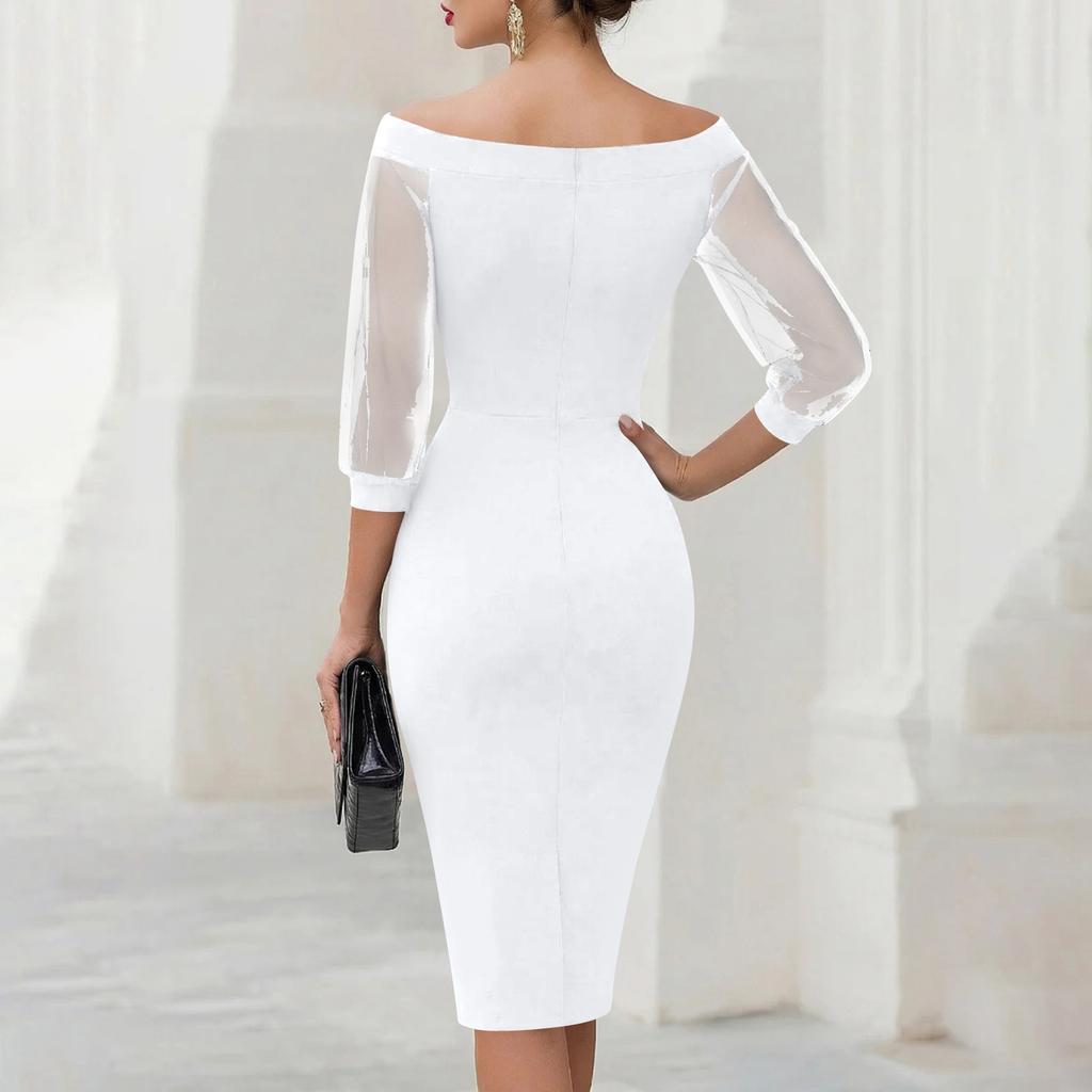 Женское bodycon платье-сетка с открытыми плечами, пэчворк, элегантное, облегающее, midi, с прозрачными рукавами, для летних вечеринок