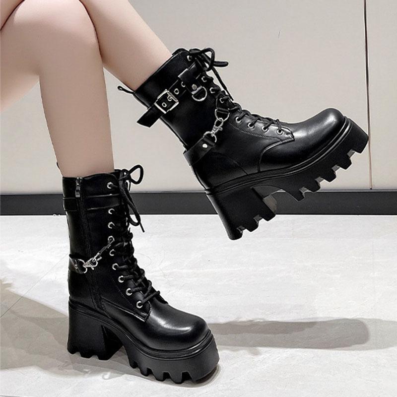 Fashion Comemore Gothic 8.5CM Heeled Platform Women Mid-calf Boots Autumn Winter High Heels Punk Style Women Motorcycle Botines Shoes