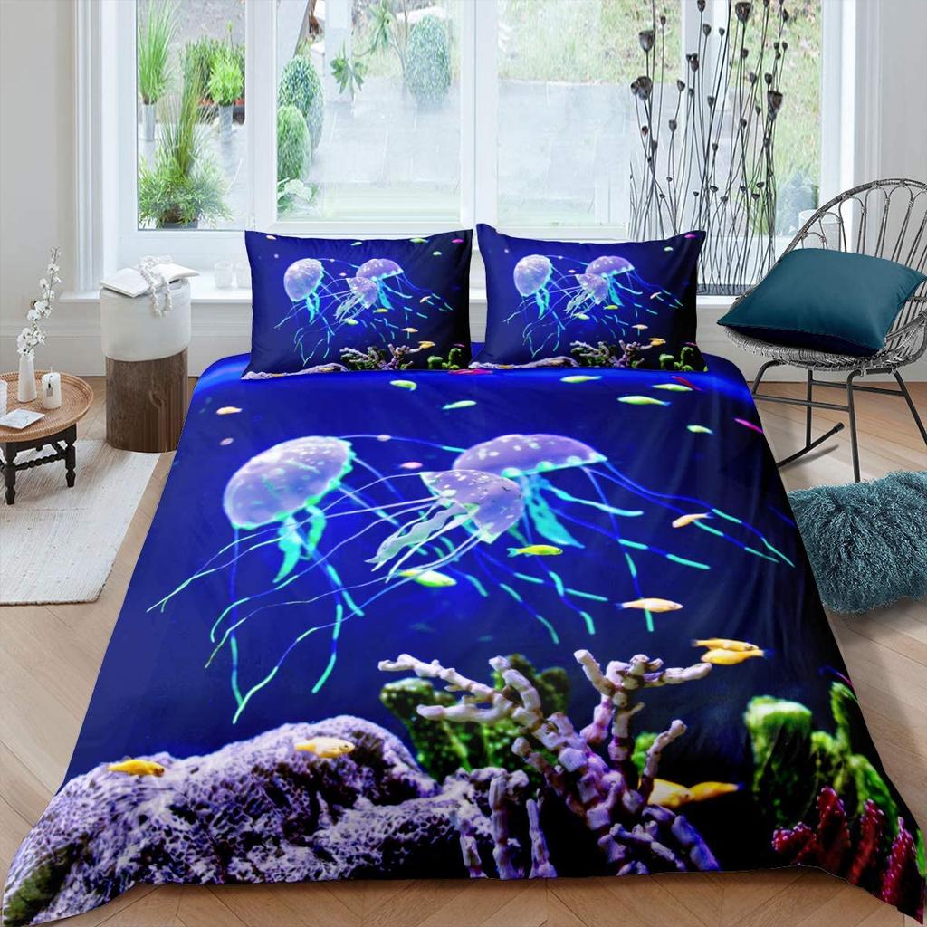 Jellyfish Bedding Set Queen,Ocean Nautical Comforter Cover for Kids Boys Girls,Hawaii Beach Duvet Cover Teens Cute Sea Animal