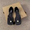 Summer New Flat-bottomed French Pearl Toe Sandals Women's Simple Square Head Thick Heel with Temperament Super Soft