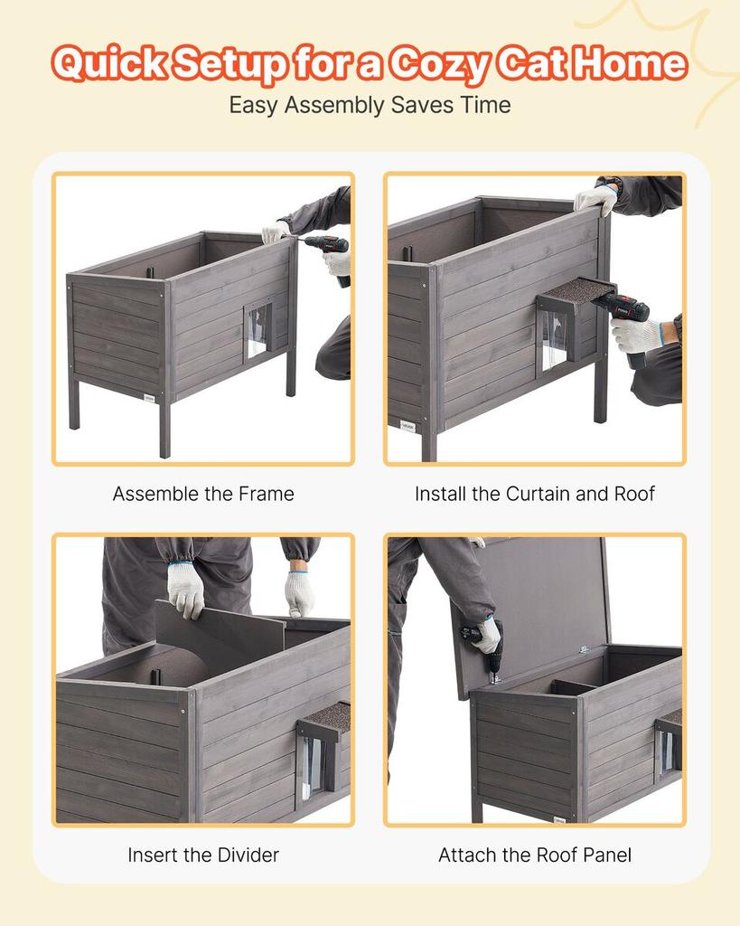 Heated Cat House, Insulated Wooden Cat House for Outdoor Cats, Waterproof Feral Kitty Shelter with Heating Pad, PVC Flap Door & Openable Asphalt Roof
