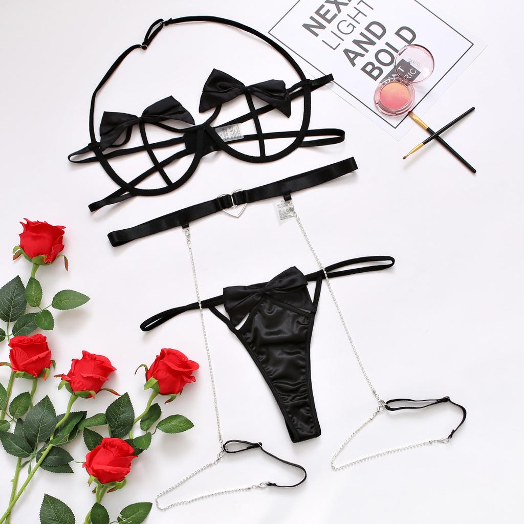 Sexy Lingerie New Steel Bra Bow Knot Bra Panties Bikini Sex Hollow Metal Chain Punk Underwear Erotic Underwear Set Open Clothing