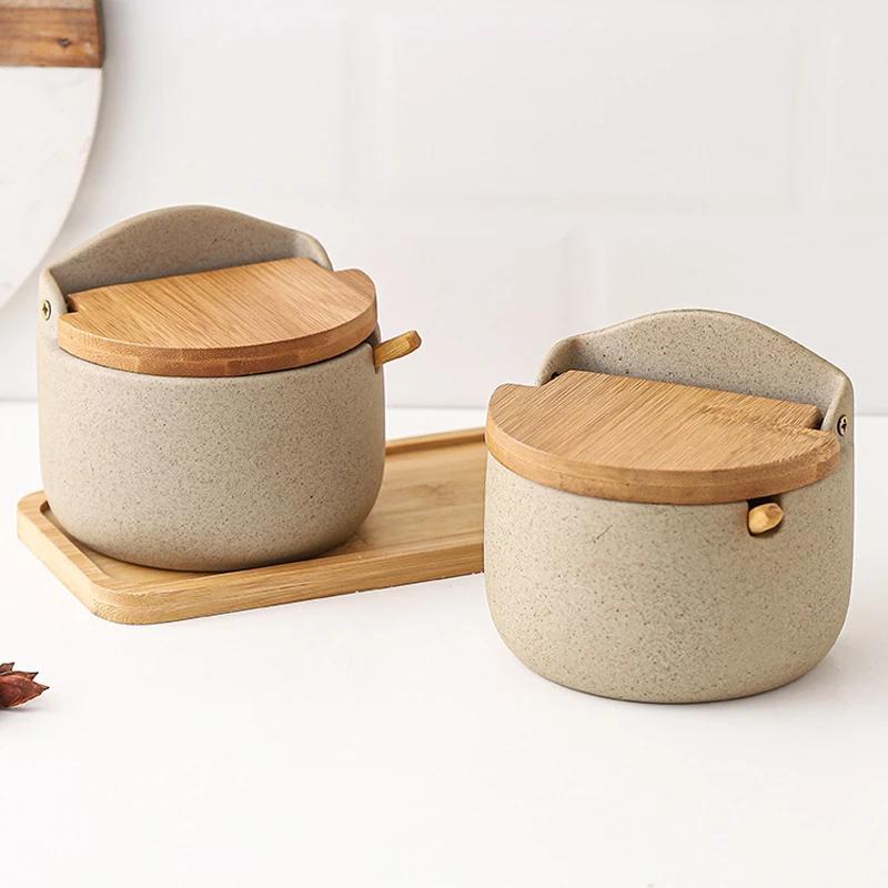 Керамические банки для приправ с деревянной крышкой, органайзер для сахара, соли, перца, специй, набор для хранения продуктов с ложкой для кухонных принадлежностей